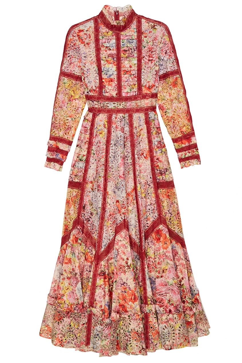 Платье-макси из стрейчевой ткани из коллекции Valentino. Разноцветный хлопок с ажурной вышивкой 